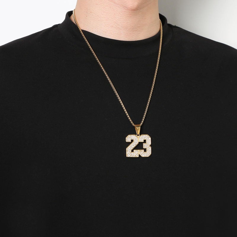 AsAlways 18K Gold Plated Cubic Zirconia Number 23 Basketball Pendant Necklace Men Women Stainless Steel Box Link Chain 22+2 Inch (Golden 23) - Image 2